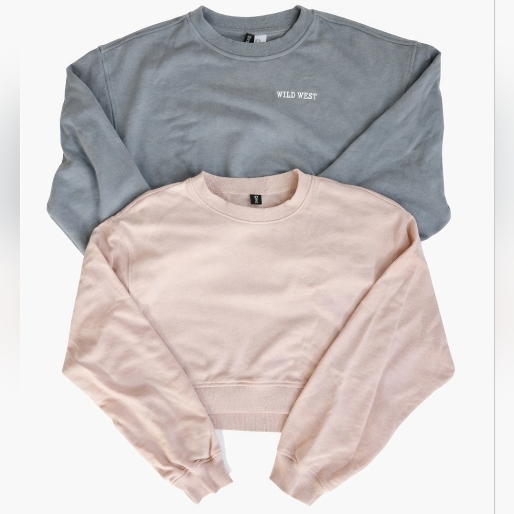 H&M 2pk Crop Top sweat shirts blue/grey western horses pink embroidered sm/med